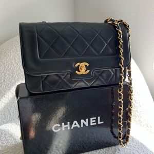 100% Authentic Chanel Vintage Diana Flap Bag Quilted Lamb Leather, Small Black